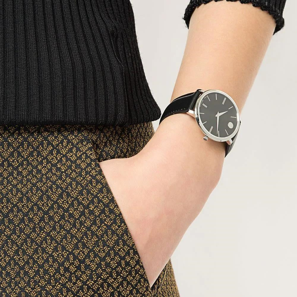  Shop Authentic Movado Ultra Slim Black Dial Black Leather Strap Watch For Women - 0607090 - Luxxuri