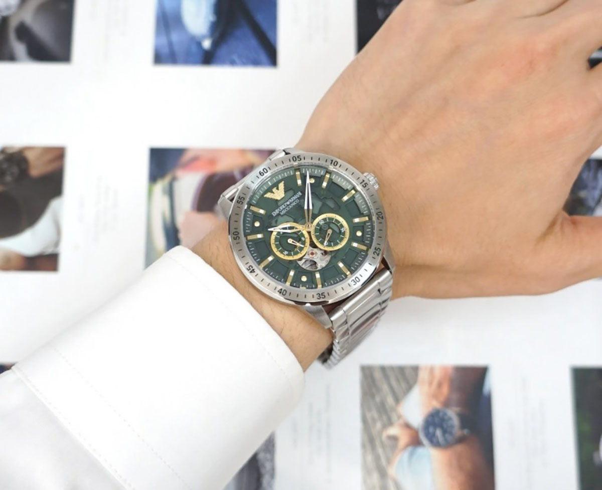  Shop Authentic Emporio Armani Meccanico Chronograph Automatic Green Dial Silver Steel Strap Watch For Men - AR60053 - Luxxuri