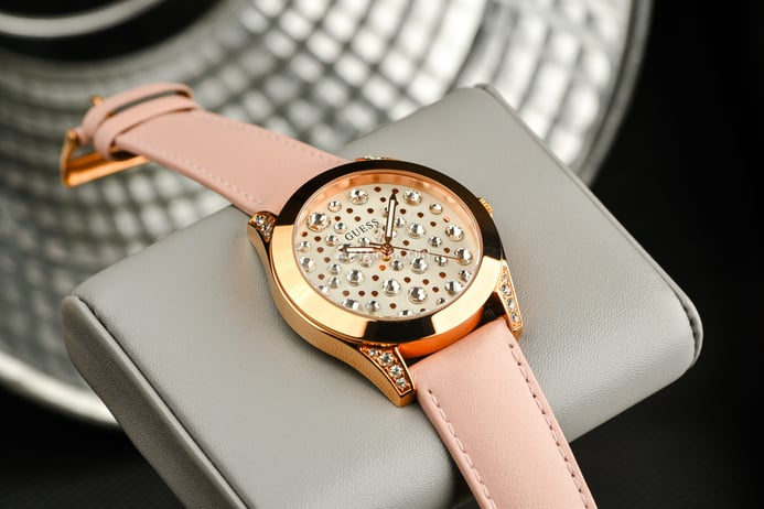 Shop Authentic Guess Wonderlust Beige Dial Pink Leather Strap Watch for Women - W1065L1 - Luxxuri