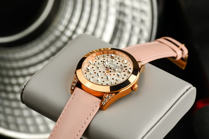  Shop Authentic Guess Wonderlust Beige Dial Pink Leather Strap Watch for Women - W1065L1 - Luxxuri