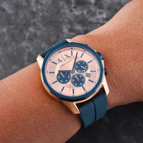  Shop Authentic Armani Exchange Hampton Chronograph Rose Gold Dial Blue Silicone Strap Watch For Men - AX1730 - Luxxuri