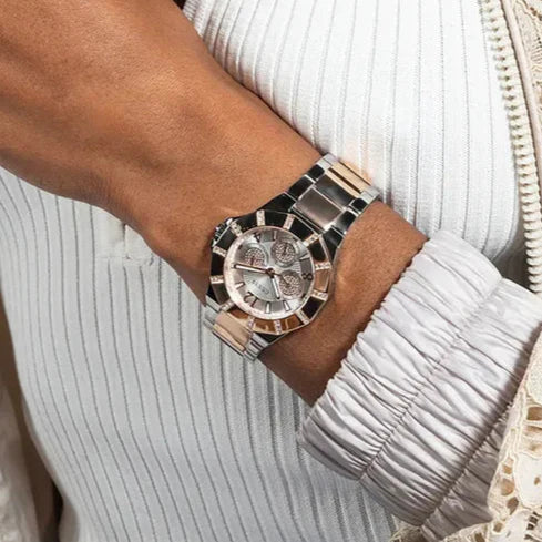  Shop Authentic Guess Sunray Multifunction Crystals Silver Dial Two Tone Steel Strap Watch For Women - GW0616L3 - Luxxuri