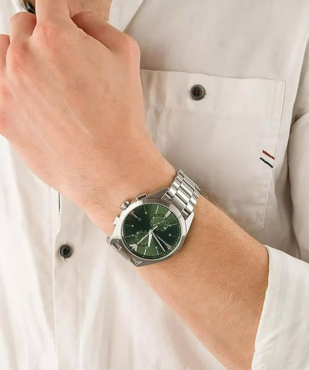  Shop Authentic Emporio Armani Chronograph Green Dial Silver Steel Strap Watch For Men - AR11480 - Luxxuri