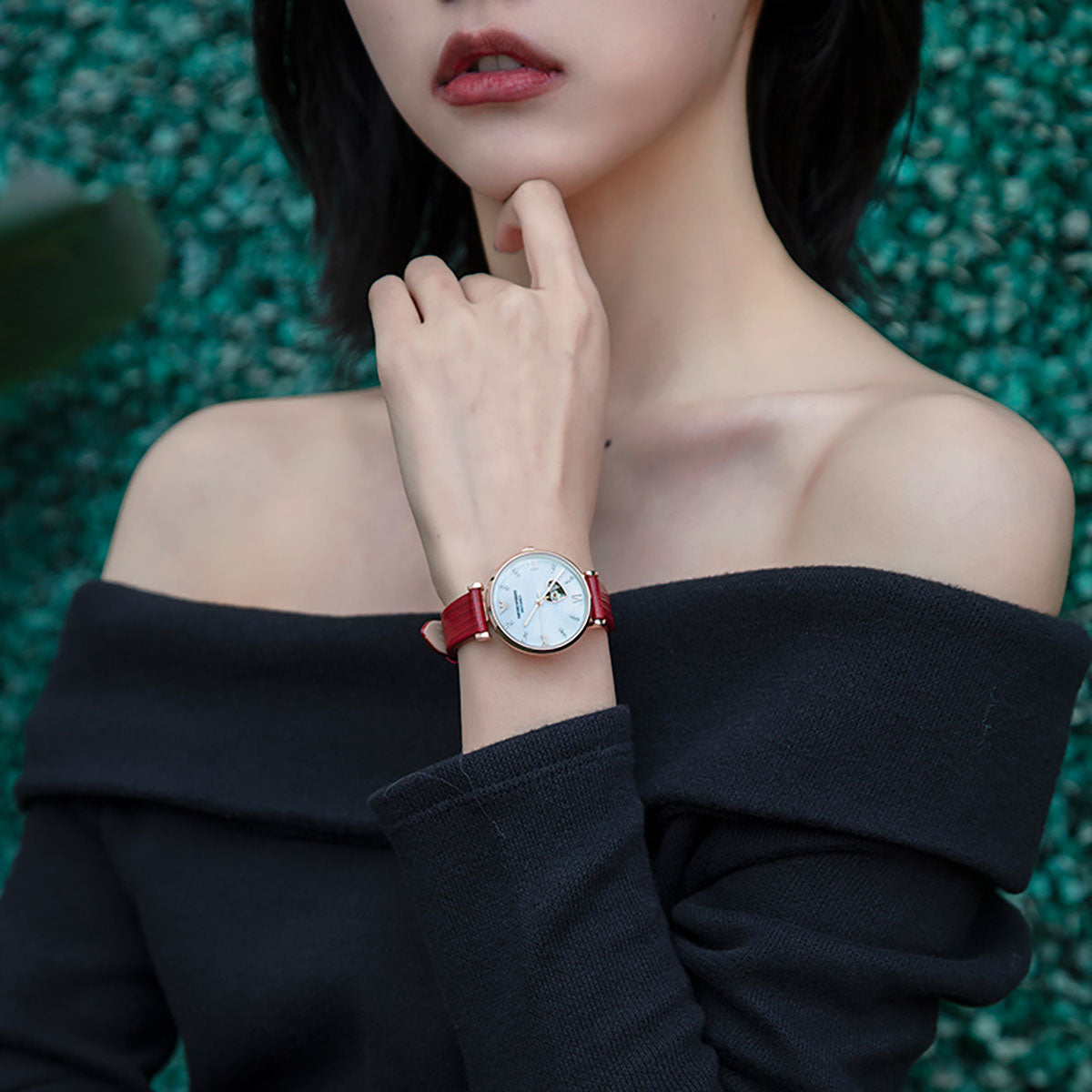  Shop Authentic Emporio Armani Gianni T-Bar Mother of Pearl White Dial Red Leather Strap Watch For Women - AR60048 - Luxxuri