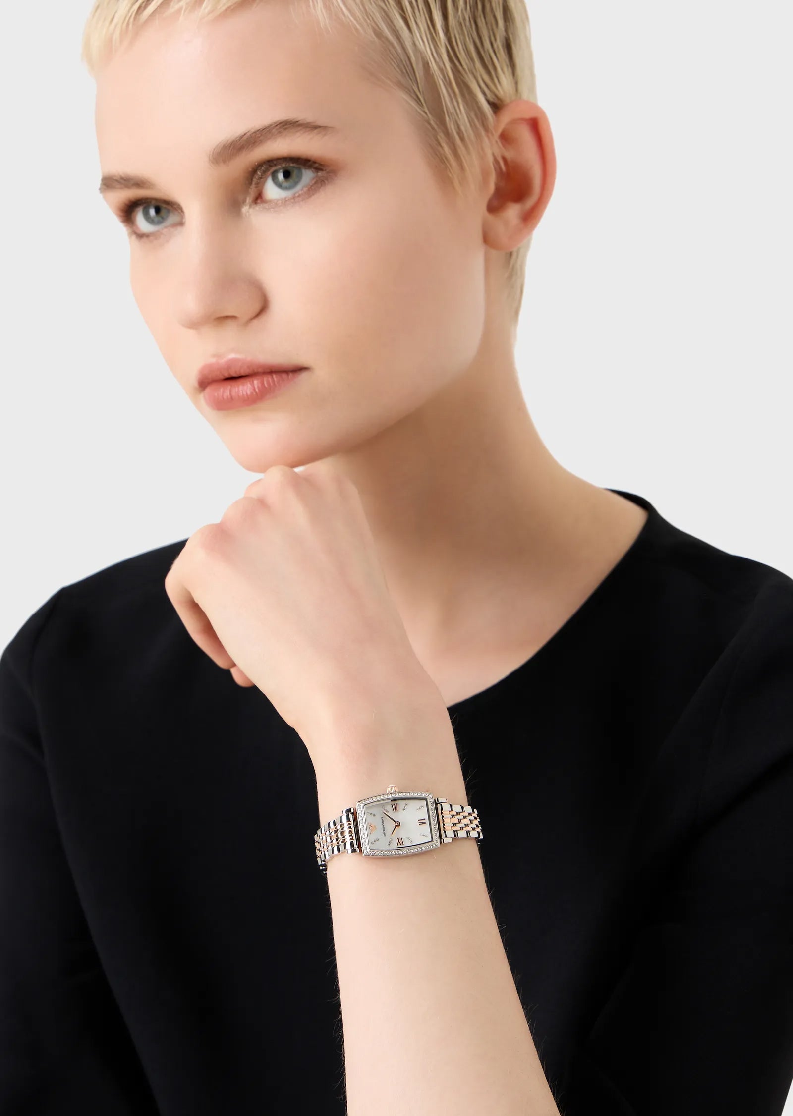  Shop Authentic Emporio Armani Gianni T Bar White Mother Of Pearl Dial Two Tone Steel Strap Watch For Women - AR11519 - Luxxuri