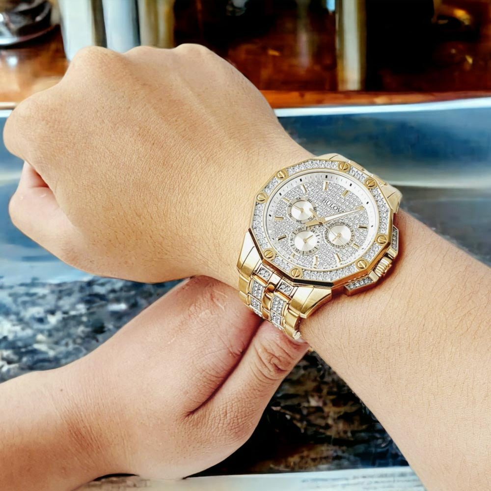  Shop Authentic Bulova Crystal Collection Octova White Dial Gold Steel Strap Watch for Men - 98C126 - Luxxuri