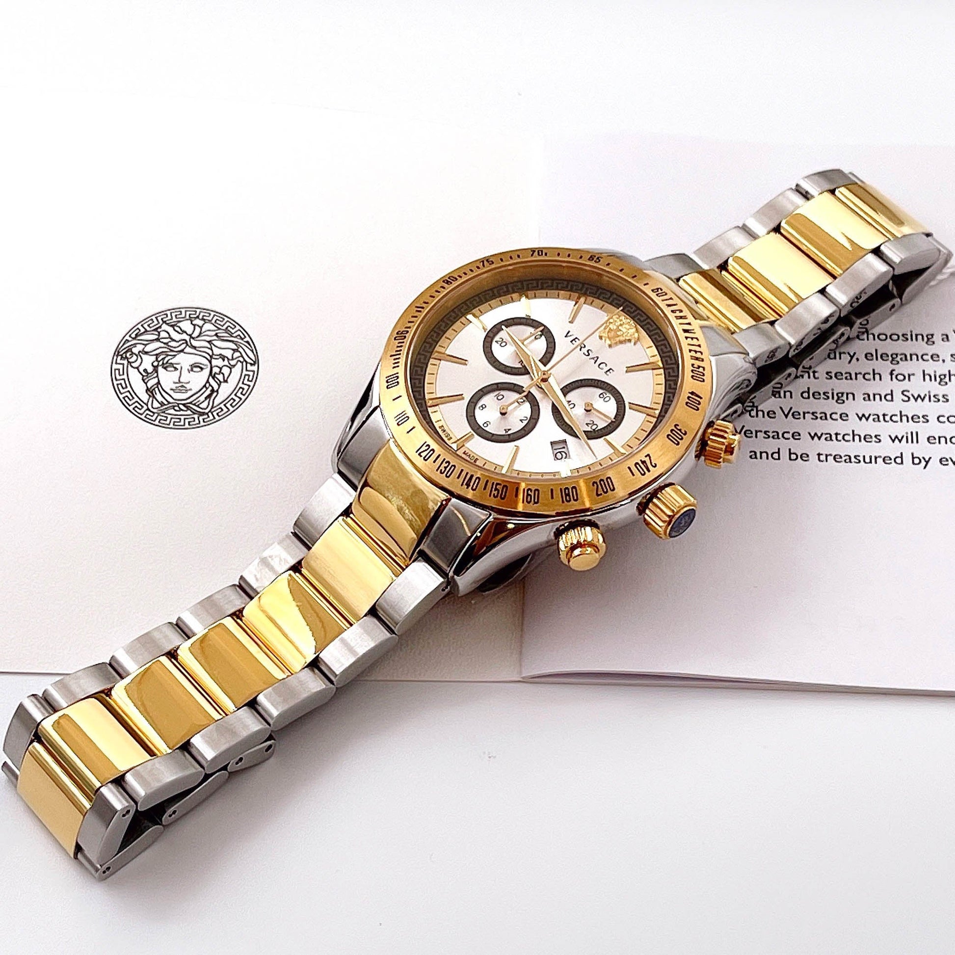  Shop Authentic Versace Classic Chronograph Quartz Silver Dial Two Tone Steel Strap Watch For Men - VEV700519 - Luxxuri