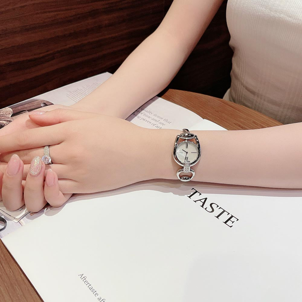  Shop Authentic Gucci Horsebit Collection Diamonds Mother of Pearl White Dial Silver Steel Strap Watch For Women - YA139504 - Luxxuri