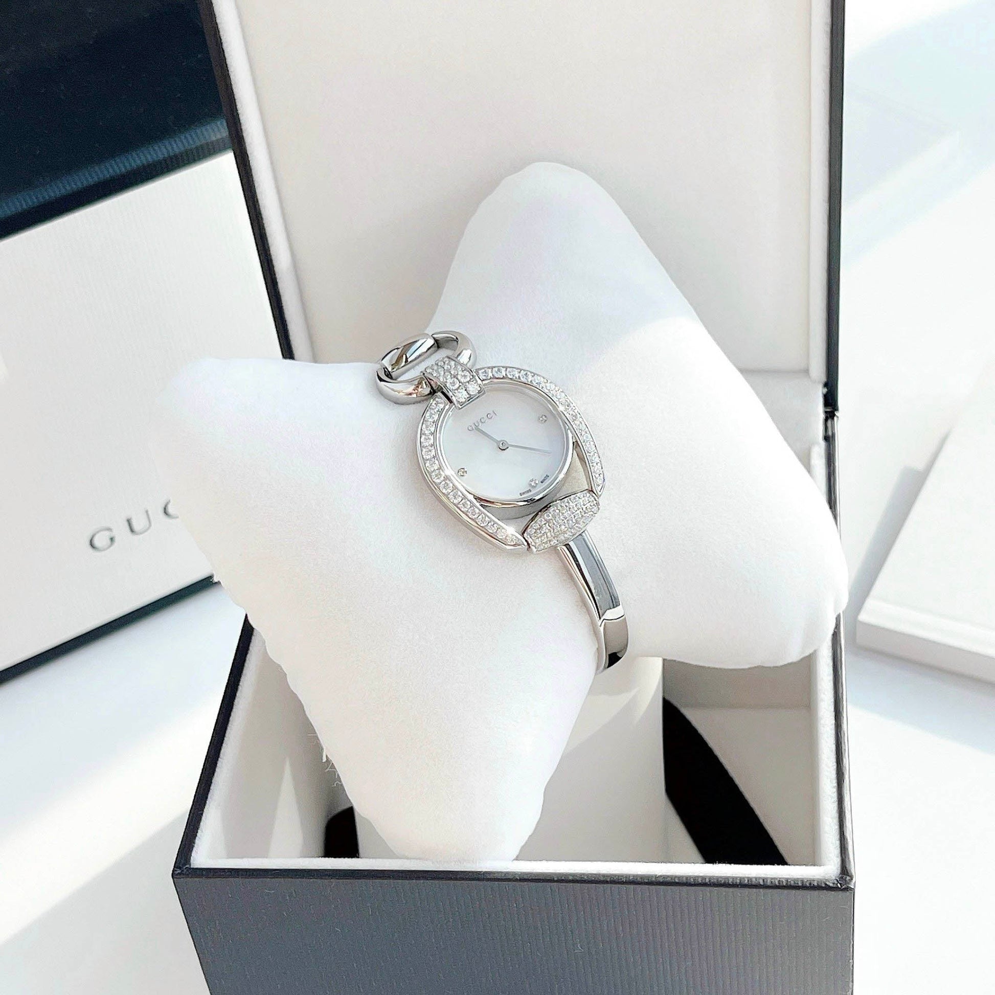  Shop Authentic Gucci Horsebit Collection Diamonds Mother of Pearl Dial Silver Steel Strap Watch For Women - YA139505 - Luxxuri