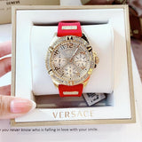  Shop Authentic Guess Frontier Diamonds Gold Dial Red Rubber Strap Watch for Women - GW0045L2 - Luxxuri