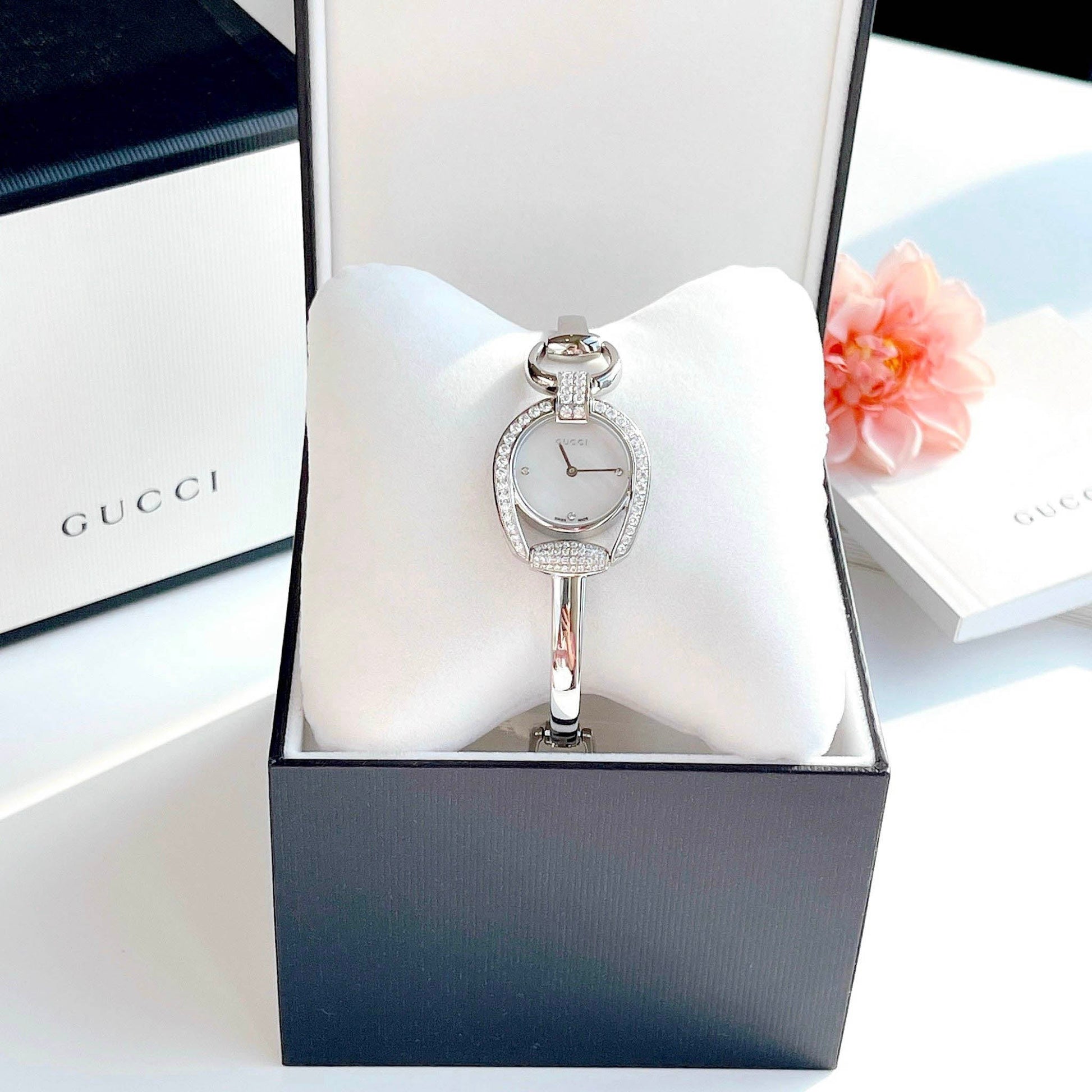  Shop Authentic Gucci Horsebit Collection Diamonds Mother of Pearl Dial Silver Steel Strap Watch For Women - YA139505 - Luxxuri