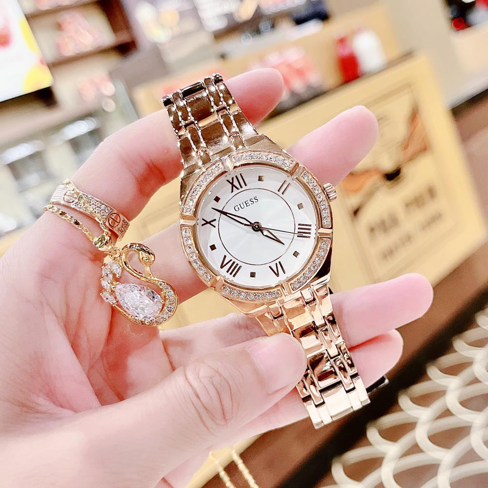  Shop Authentic Guess Cosmo Diamonds Silver Dial Rose Gold Steel Strap Watch For Women - GW0033L3 - Luxxuri