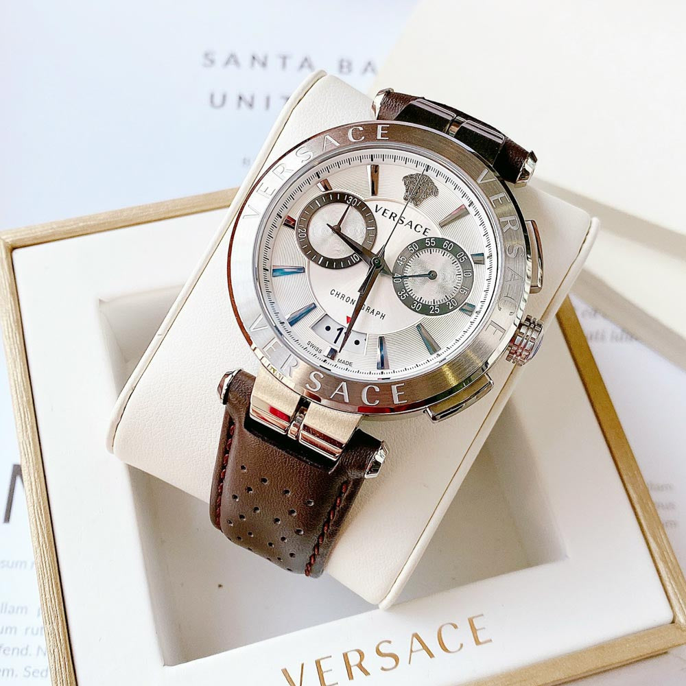  Shop Authentic Versace Aion Chronograph White Dial Brown Leather Strap Watch for Men - VBR010017 - Luxxuri