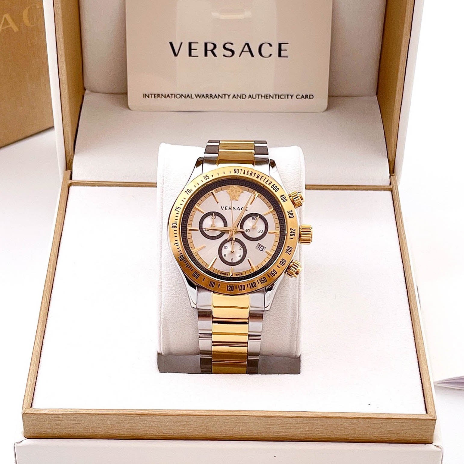  Shop Authentic Versace Classic Chronograph Quartz Silver Dial Two Tone Steel Strap Watch For Men - VEV700519 - Luxxuri