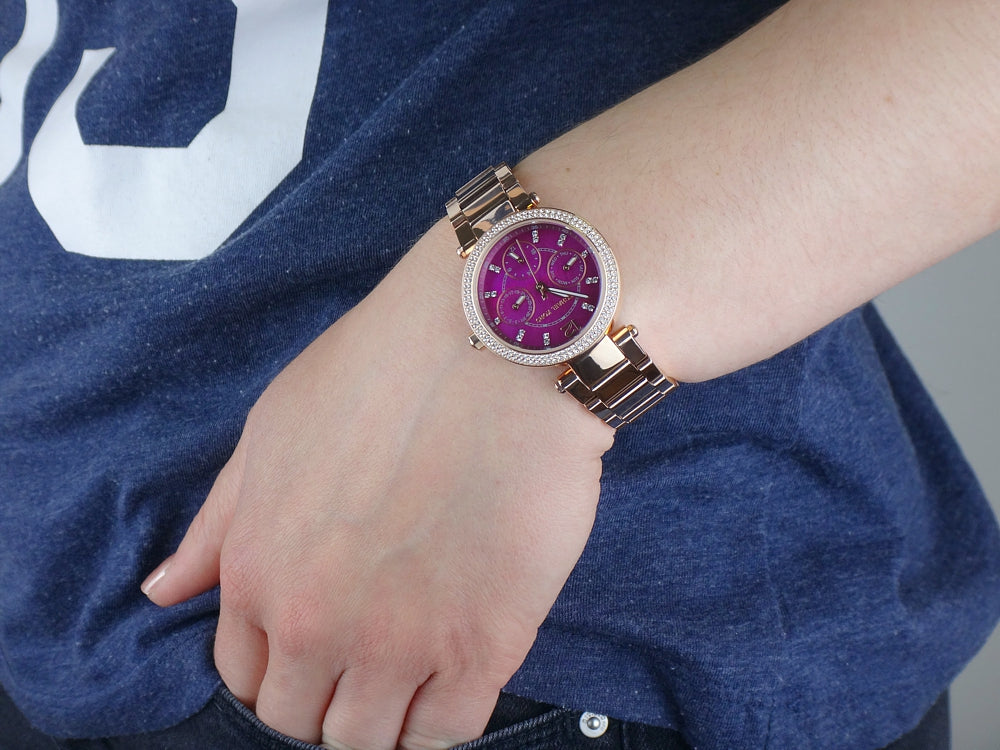  Shop Authentic Michael Kors Mini Parker Multi-Function Plum Mother of Pearl Dial Rose Gold Steel Strap Watch For Women - MK6403 - Luxxuri