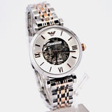  Shop Authentic Emporio Armani Gianni T Bar Silver Skeleton Dial Two Tone Strap Watch For Women - AR1992 - Luxxuri