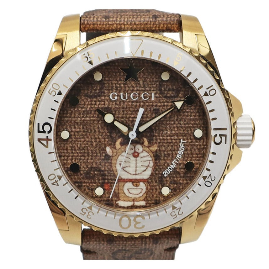  Shop Authentic Gucci Dive Doraemon Brown Dial Brown Leather Strap Watch For Men - YA136334 - Luxxuri