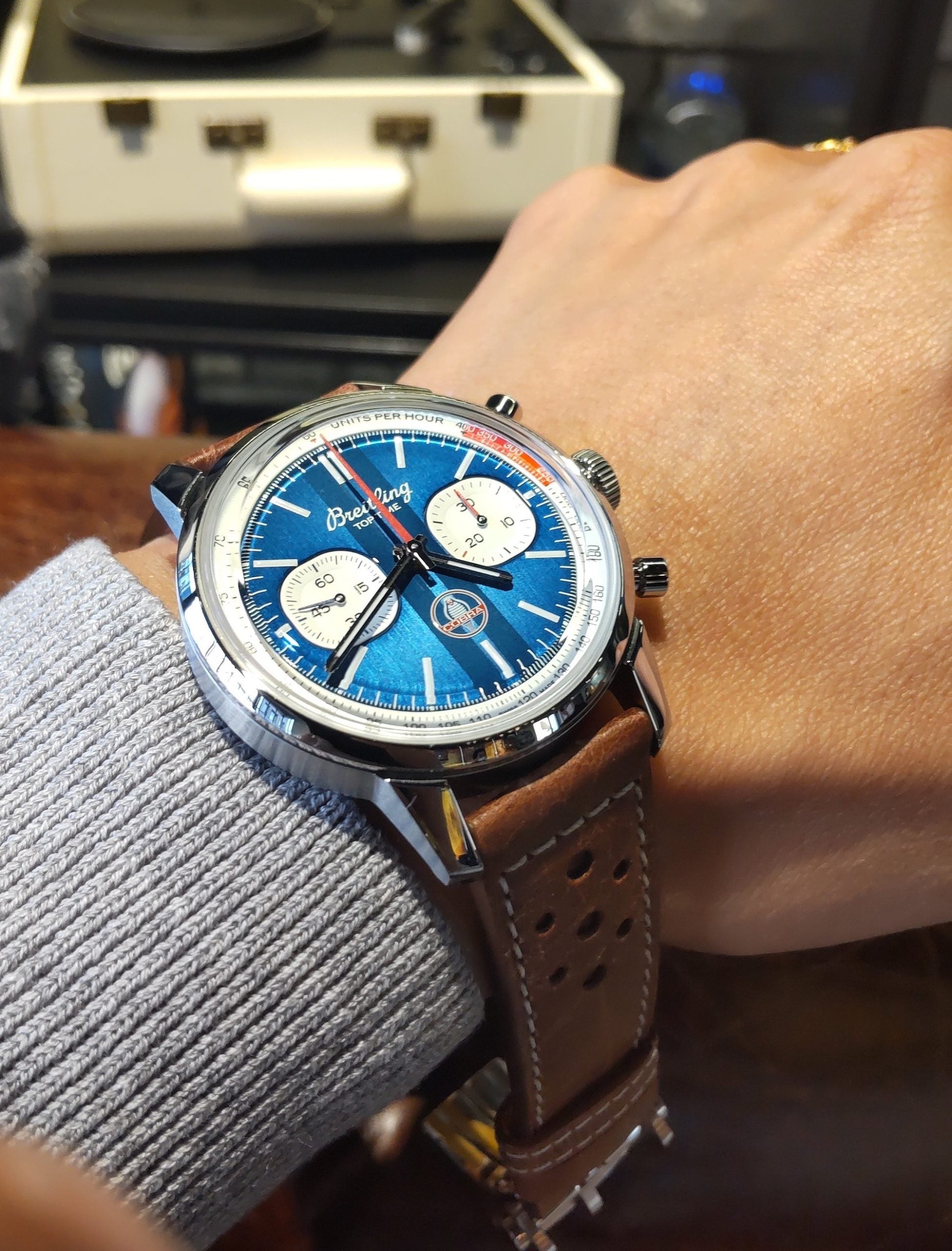  Shop Authentic Breitling Top Time B01 Shelby Cobra Blue Dial Brown Leather Strap Watch for Men - AB01763A1C1X1 - Luxxuri