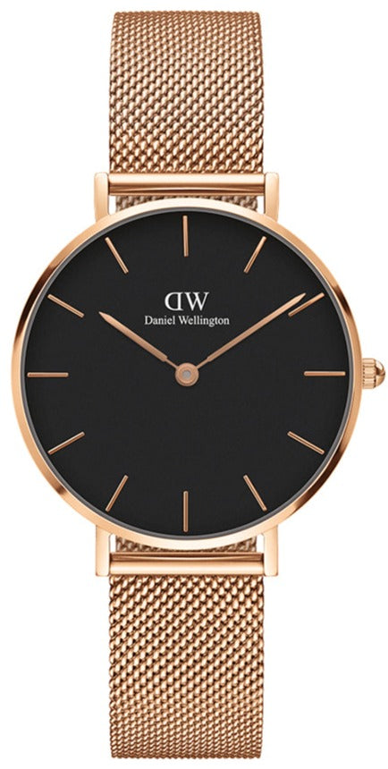 Daniel Wellington Classic Melrose Black Dial Rose Gold Mesh Bracelet Watch For Women - DW00100161