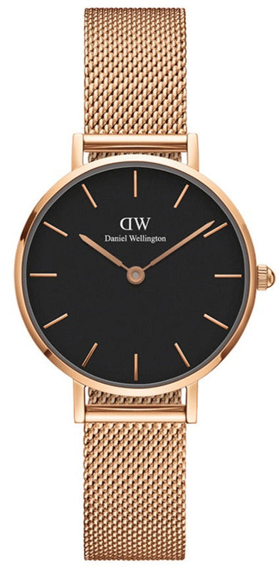  Shop Authentic Daniel Wellington Classic Petite Melrose Black Dial Rose Gold Mesh Bracelet Watch For Women - DW00100217 - Luxxuri