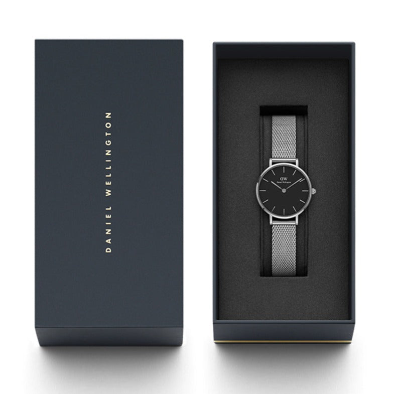  Shop Authentic Daniel Wellington Petite Sterling Black Dial Silver Mesh Bracelet Watch For Women - DW00100218 - Luxxuri
