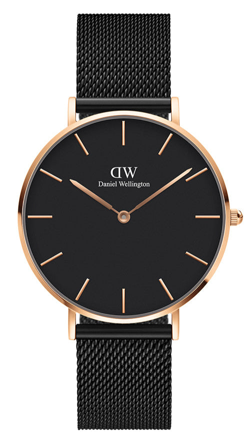 Daniel Wellington Petite Ashfield Black Dial Black Mesh Strap Watch for Women - DW00100307