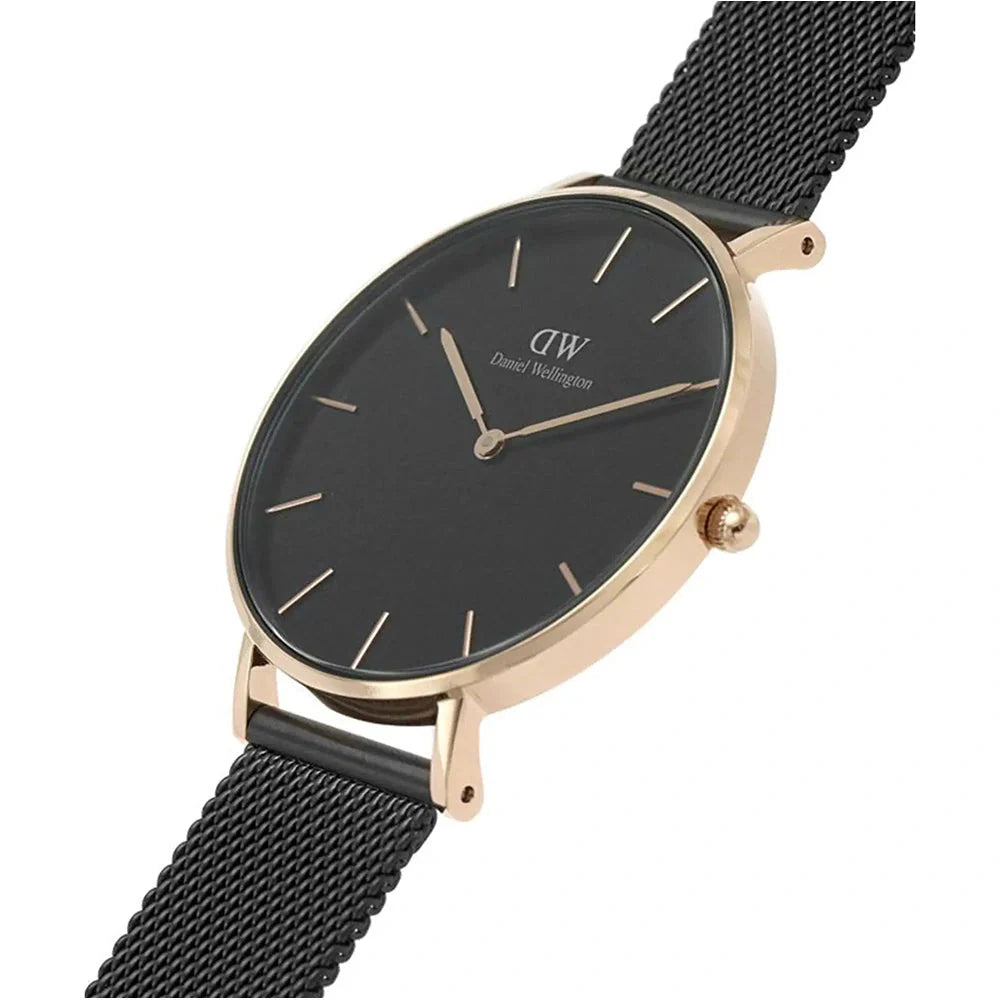Daniel Wellington Petite Ashfield Black Dial Black Mesh Strap Watch for Women - DW00100307