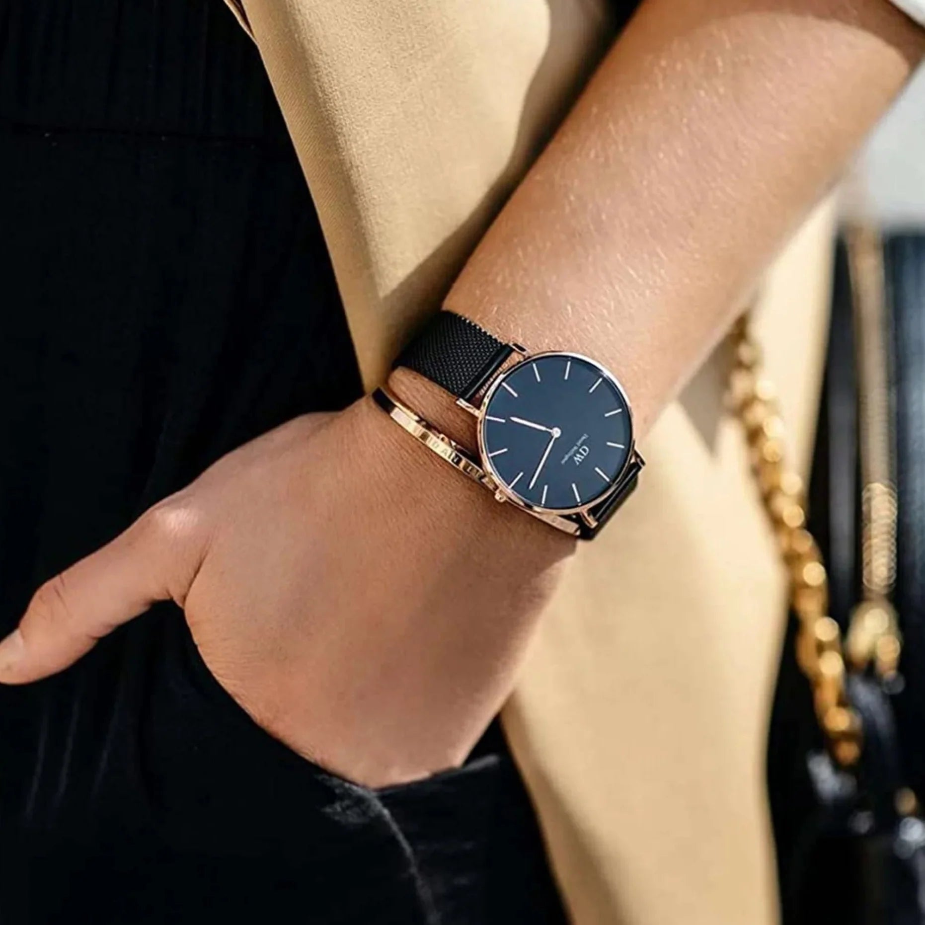 Daniel Wellington Petite Ashfield Black Dial Black Mesh Strap Watch for Women - DW00100307