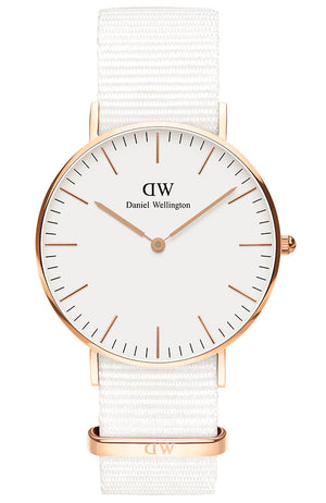  Shop Authentic Daniel Wellington Classic Dover White Dial White Nylon Strap Watch For Women - DW00100309 - Luxxuri