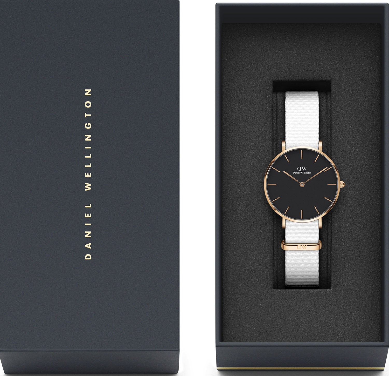  Shop Authentic Daniel Wellington Classic Petite Dover Black Dial White NATO Strap Watch For Women - DW00100312 - Luxxuri