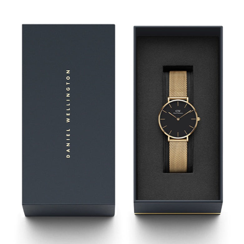  Shop Authentic Daniel Wellington Classic Petite Black Dial Gold Mesh Bracelet Watch For Women - DW00100347 - Luxxuri