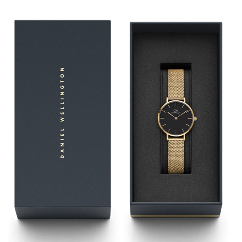  Shop Authentic Daniel Wellington Classic Petite Evergold Black Dial Gold Mesh Bracelet Watch For Women - DW00100349 - Luxxuri