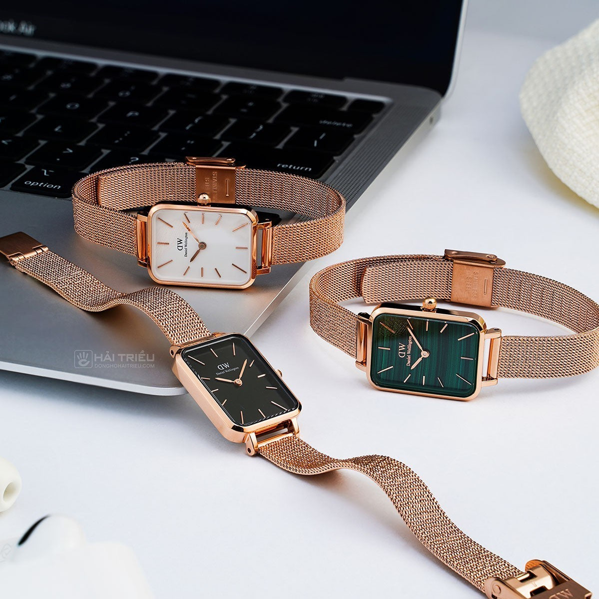  Shop Authentic Daniel Wellington Quadro Melrose Green Dial Rose Gold Mesh Strap Watch For Women - DW00100437 - Luxxuri