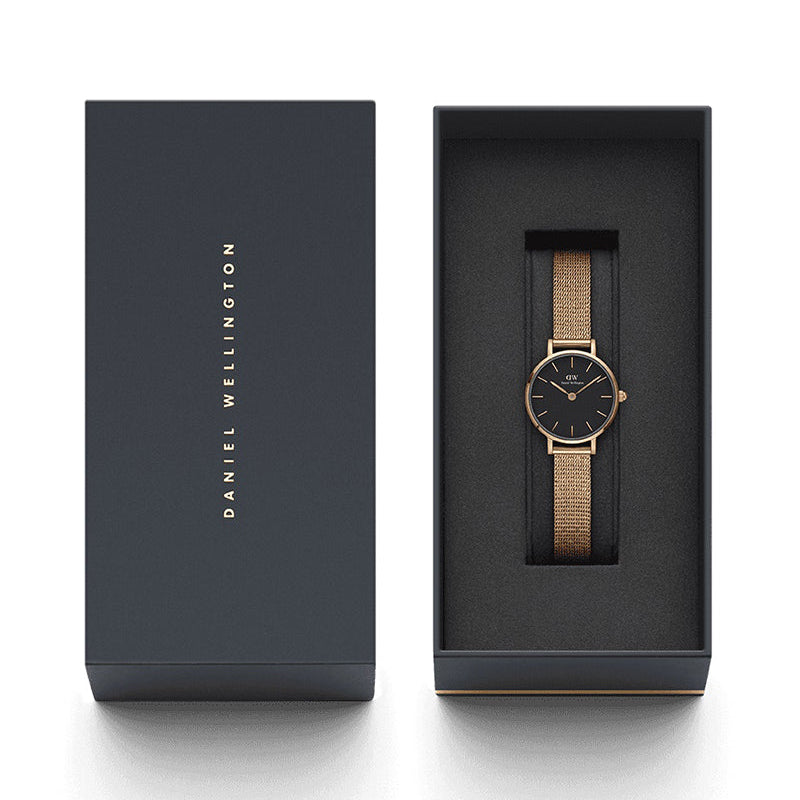  Shop Authentic Daniel Wellington Petite Pressed Melrose Black Dial Rose Gold Mesh Strap Watch For Women - DW00100440 - Luxxuri