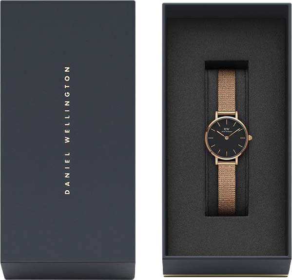  Shop Authentic Daniel Wellington Petite Pressed Melrose Black Dial Rose Gold Mesh Strap Watch For Women - DW00100440 - Luxxuri