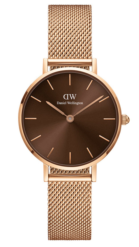  Shop Authentic Daniel Wellington Petite Amber Brown Dial Gold Mesh Strap Watch For Women - DW00100476 - Luxxuri