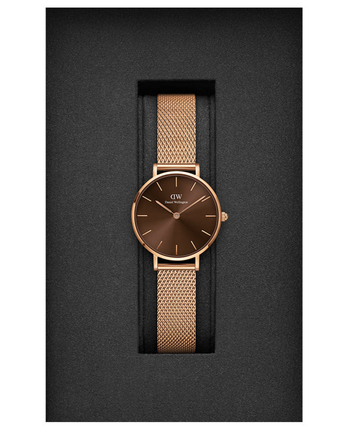  Shop Authentic Daniel Wellington Petite Amber Brown Dial Gold Mesh Strap Watch For Women - DW00100476 - Luxxuri