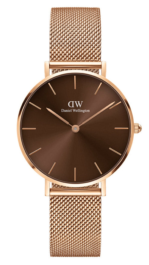  Shop Authentic Daniel Wellington Petite Melrose Brown Dial Rose Gold Mesh Strap Watch For Women - DW00100477 - Luxxuri
