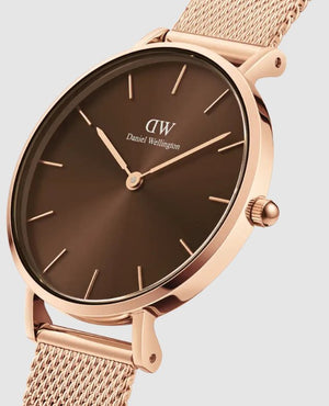  Shop Authentic Daniel Wellington Petite Melrose Brown Dial Rose Gold Mesh Strap Watch For Women - DW00100477 - Luxxuri