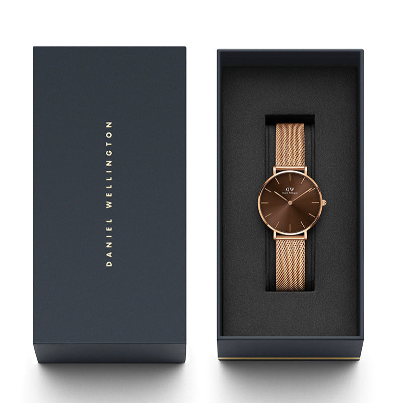  Shop Authentic Daniel Wellington Petite Melrose Brown Dial Rose Gold Mesh Strap Watch For Women - DW00100477 - Luxxuri