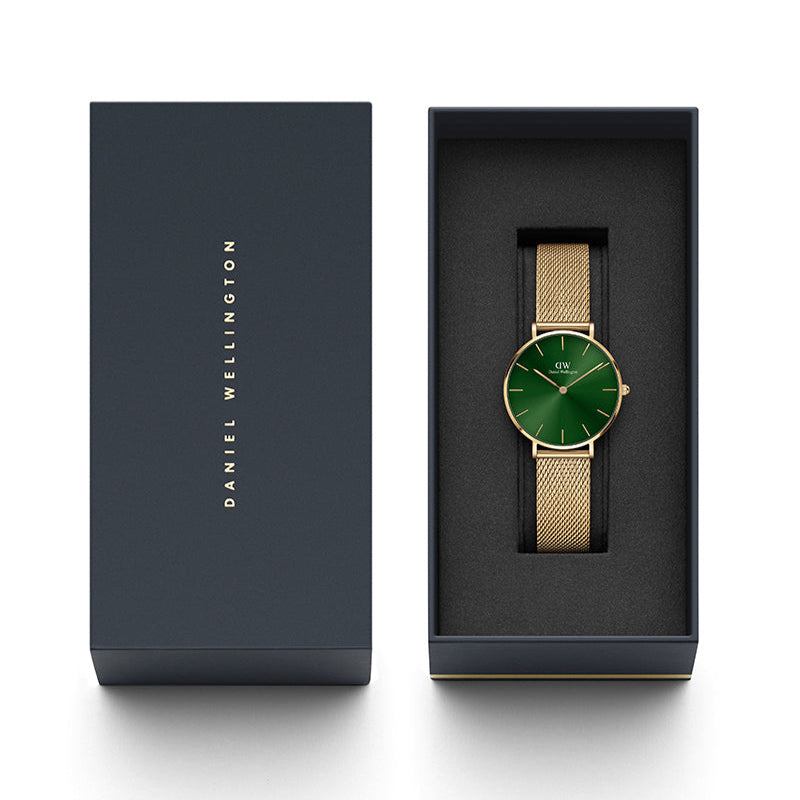 Shop Authentic Daniel Wellington Petite Emerald Green Dial Gold Mesh Strap Watch For Women - DW00100480 - Luxxuri