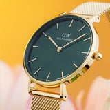  Shop Authentic Daniel Wellington Petite Emerald Green Dial Gold Mesh Strap Watch For Women - DW00100480 - Luxxuri