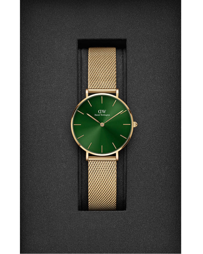  Shop Authentic Daniel Wellington Petite Emerald Green Dial Gold Mesh Strap Watch For Women - DW00100480 - Luxxuri