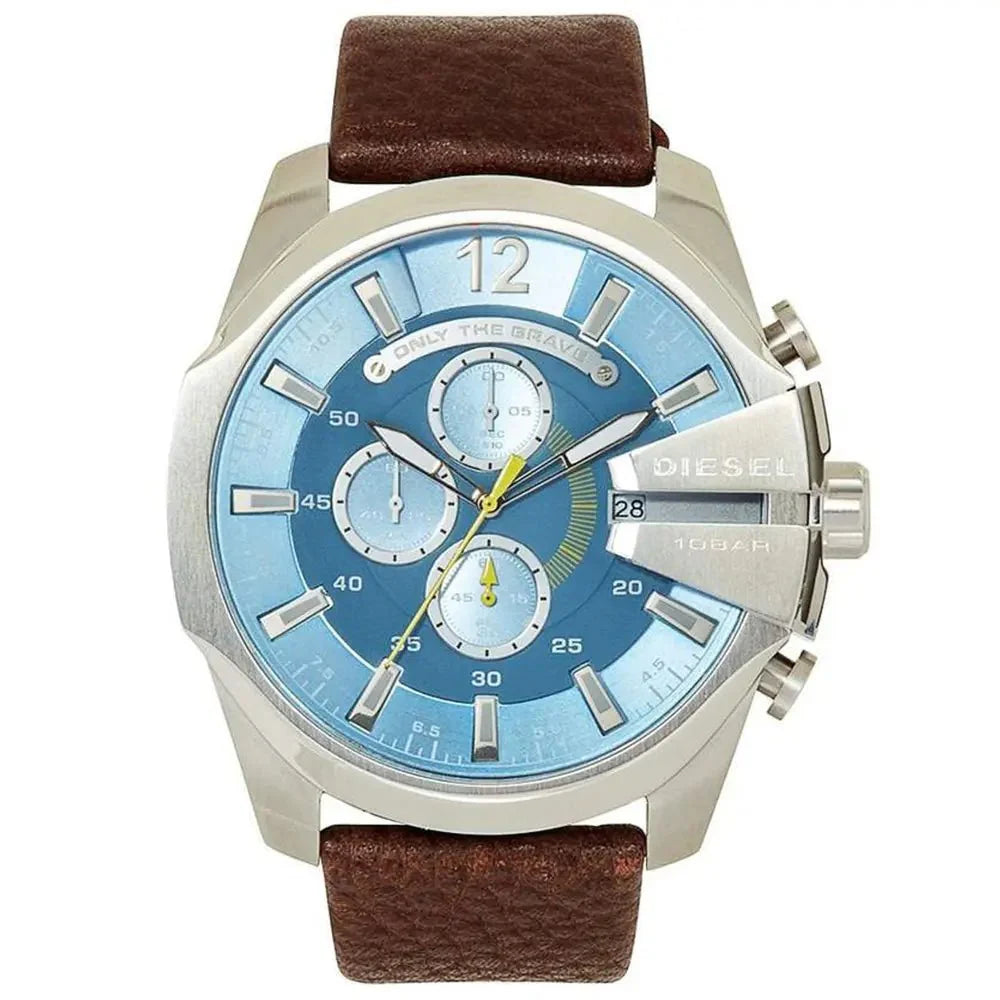 Diesel Mega Chief Light Blue Dial Brown Leather Strap Watch For Men - DZ4281