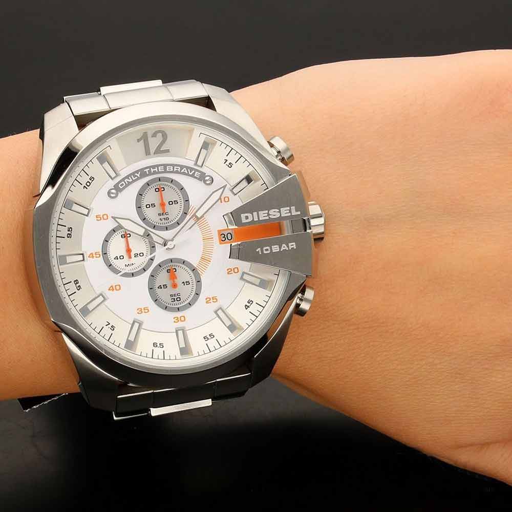 Diesel Mega Chief Quartz Chronograph White Dial Steel Strap Watch For Men - DZ4328