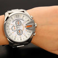  Shop Authentic Diesel Mega Chief Quartz Chronograph White Dial Steel Strap Watch For Men - DZ4328 - Luxxuri