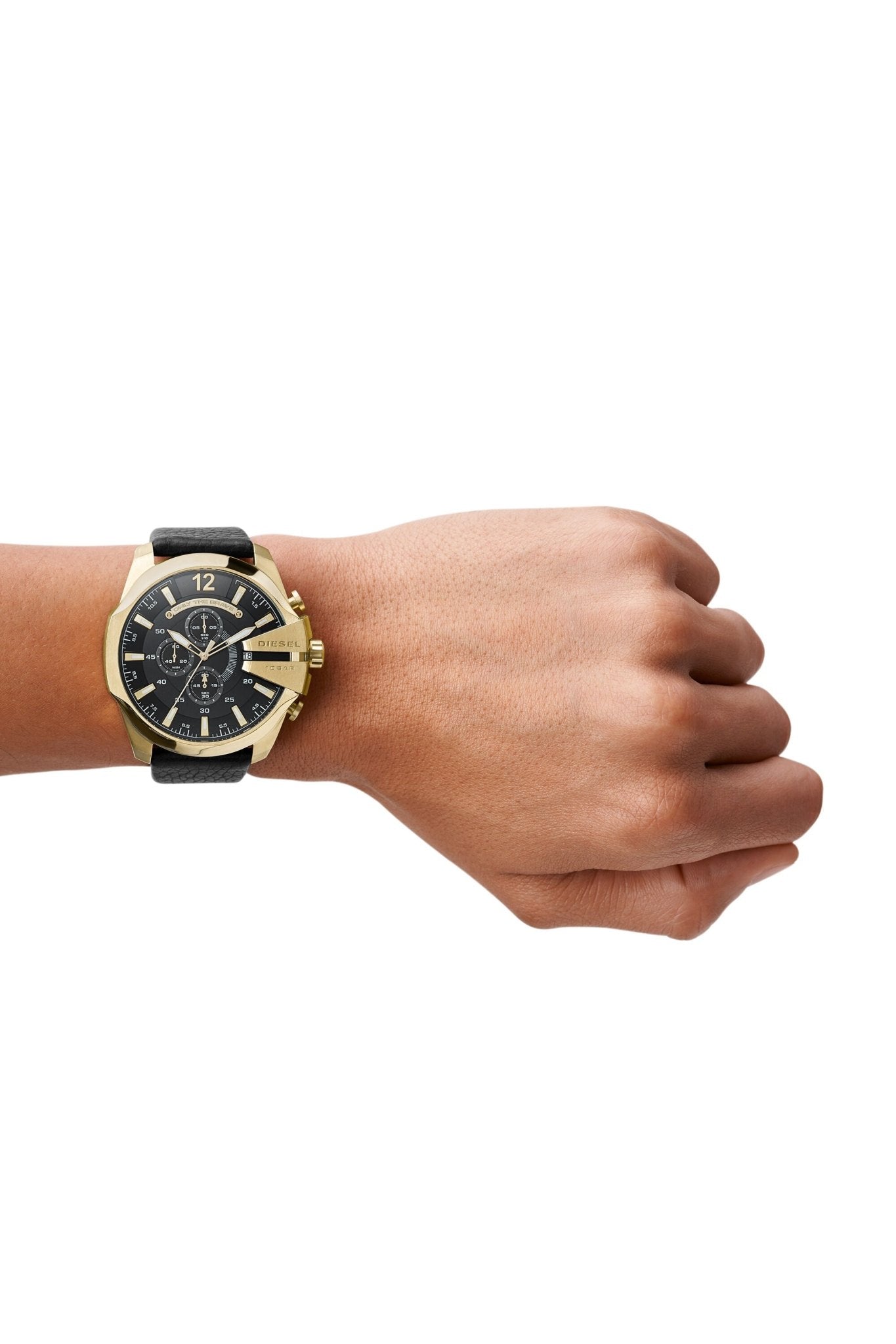 Diesel Mega Chief Gold & Black Dial Black Leather Strap Watch For Men - DZ4344