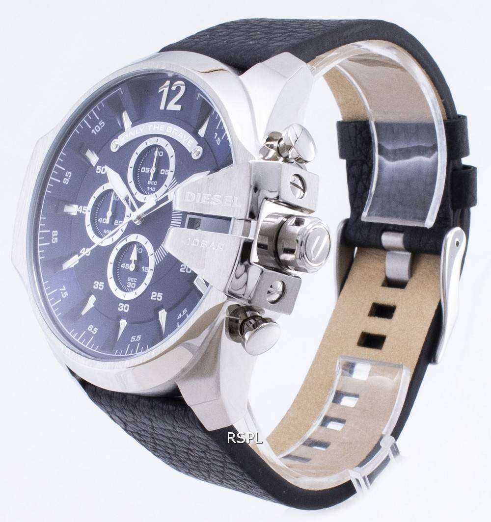  Shop Authentic Diesel Mega Chief Chronograph Blue Dial Black Leather Strap Watch For Men - DZ4423 - Luxxuri