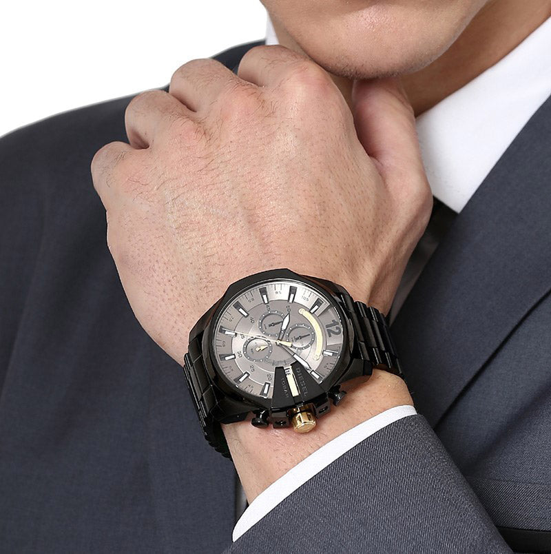  Shop Authentic Diesel Mega Chief Chronograph Grey Dial Black Steel Strap Watch For Men - DZ4479 - Luxxuri