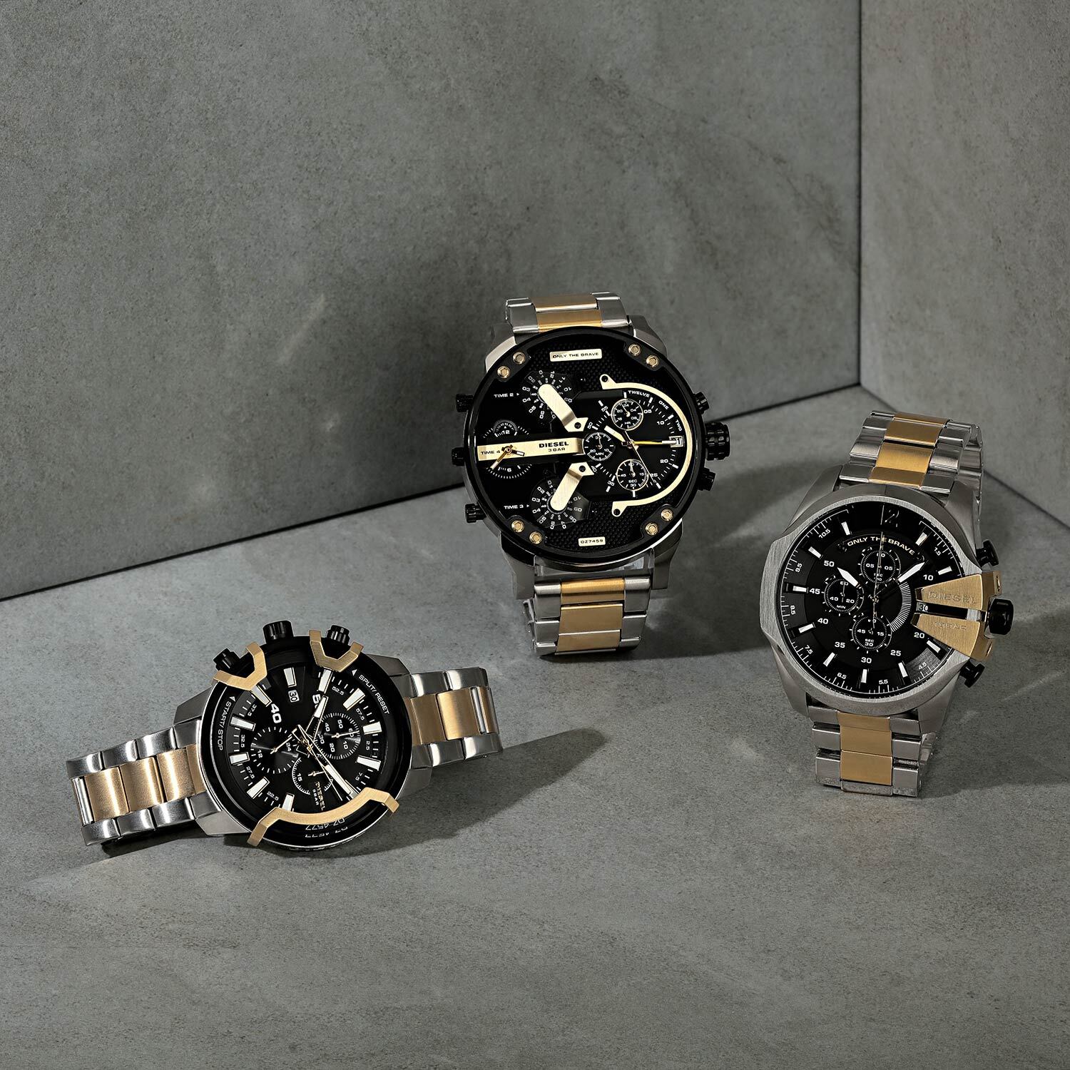  Shop Authentic Diesel Mega Chief Chronograph Black Dial Two Tone Steel Strap Watch For Men - DZ4581 - Luxxuri